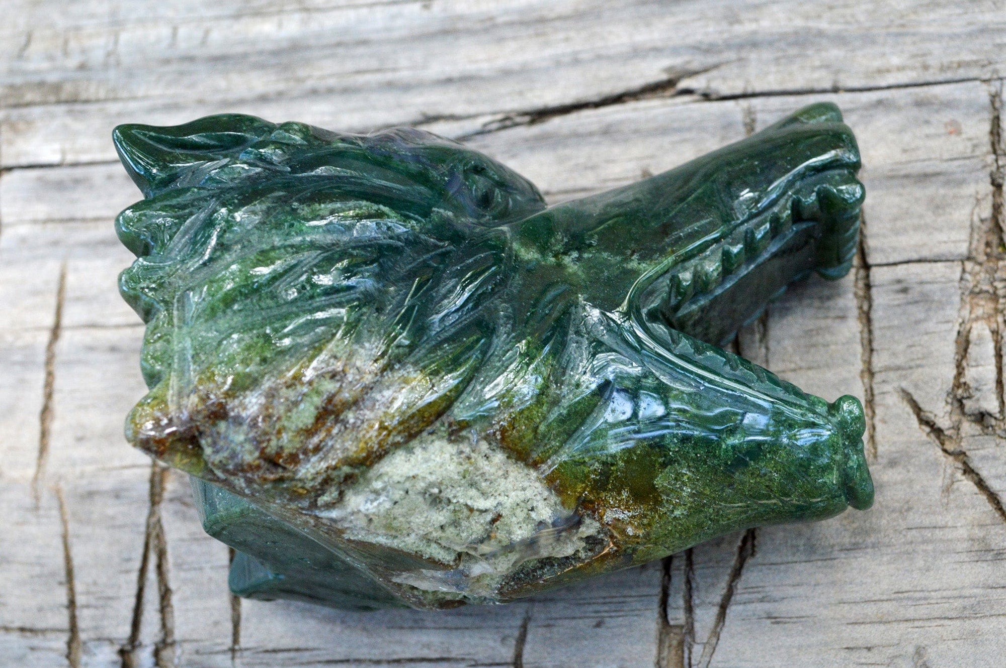Crystal Wholesale Moss Agate Wolf Head II | Hand Carved Crystal Carving - Medium