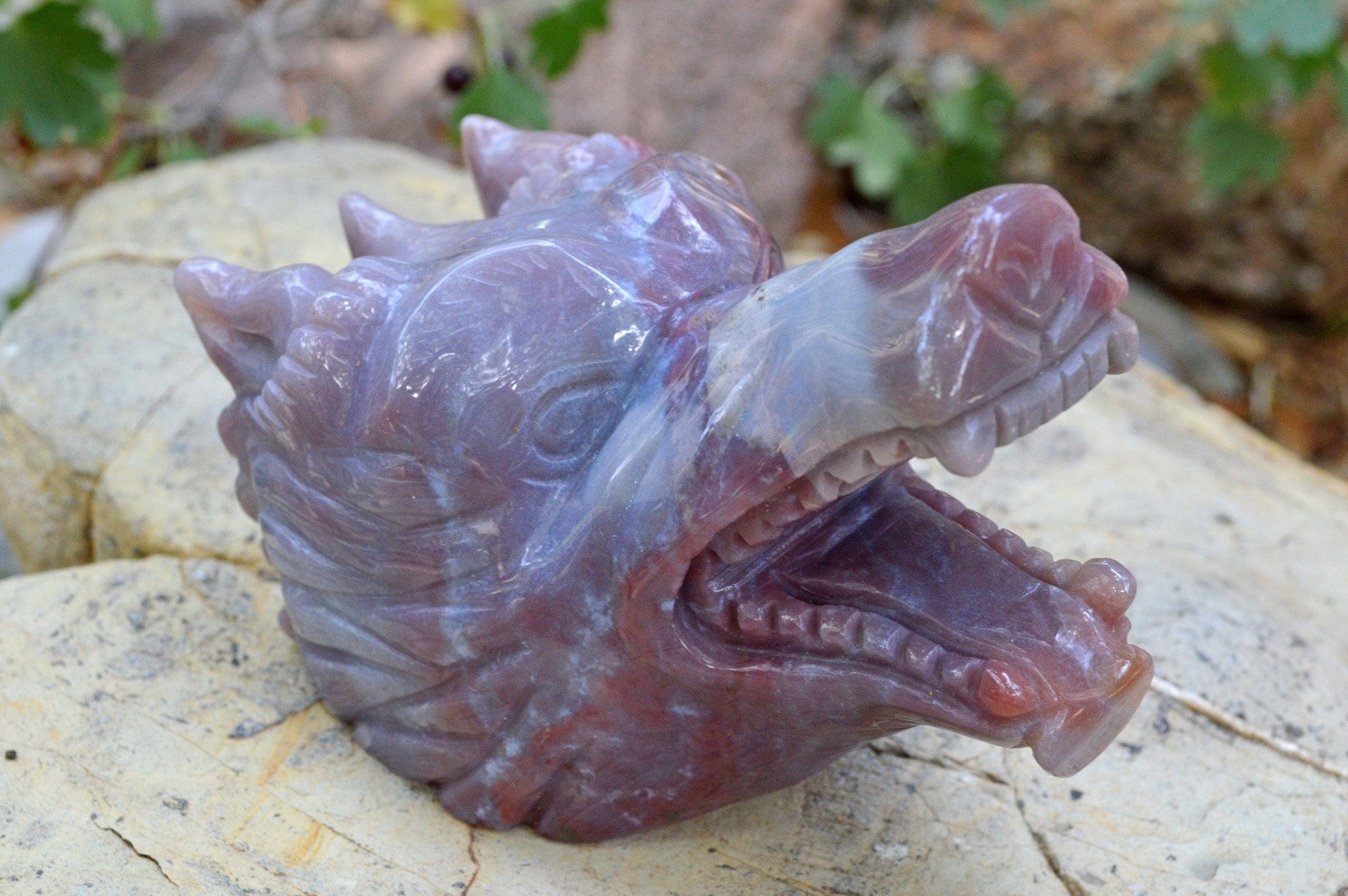 Crystal Wholesale Moss Agate Wolf Head III | Hand Carved Crystal Carving - Medium