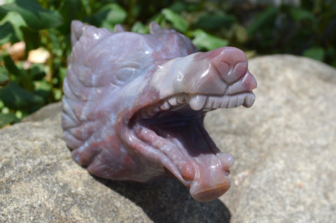 Moss Agate Wolf Head III | Hand Carved Crystal Carving - Medium