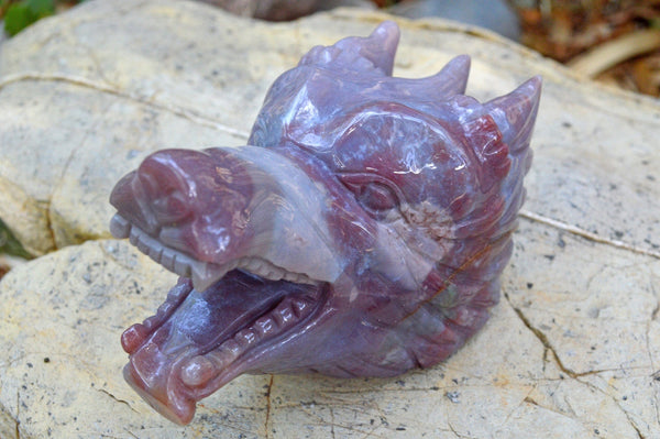 Crystal Wholesale Moss Agate Wolf Head III | Hand Carved Crystal Carving - Medium