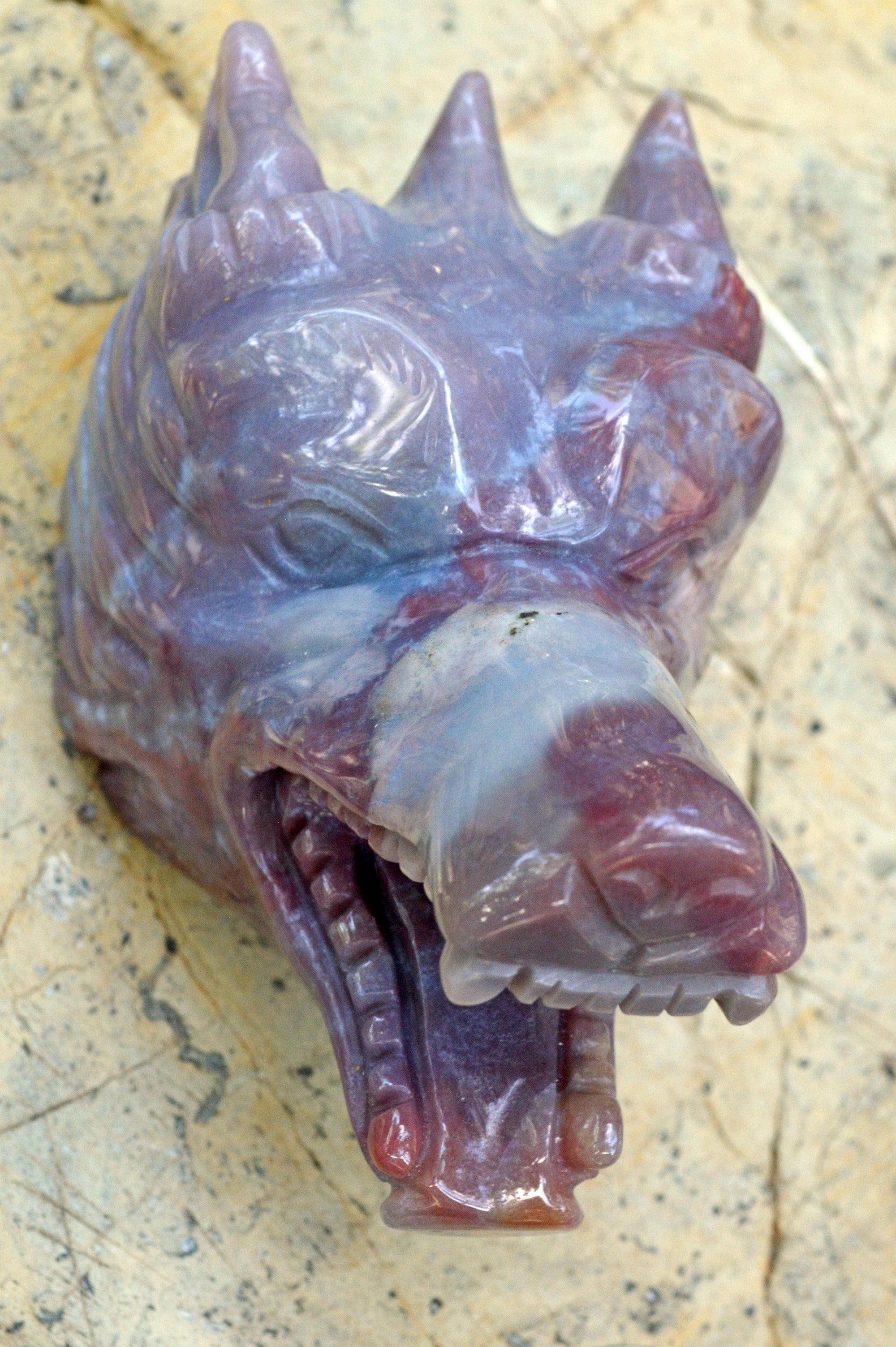 Crystal Wholesale Moss Agate Wolf Head III | Hand Carved Crystal Carving - Medium