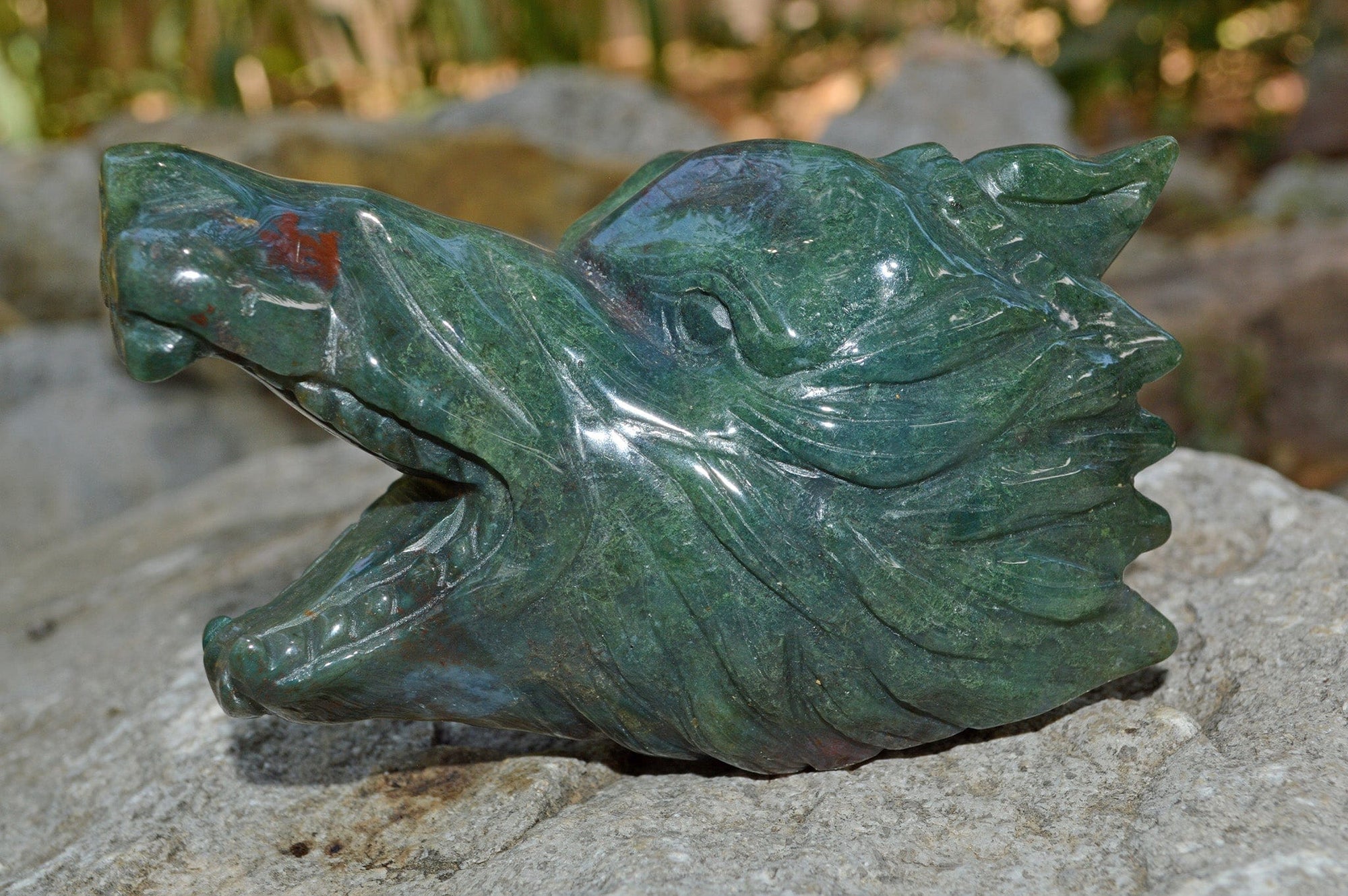 Crystal Wholesale Moss Agate Wolf Head IV | Hand Carved Crystal Carving - Medium