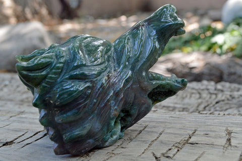 Moss Agate Wolf Head IV | Hand Carved Crystal Carving - Medium