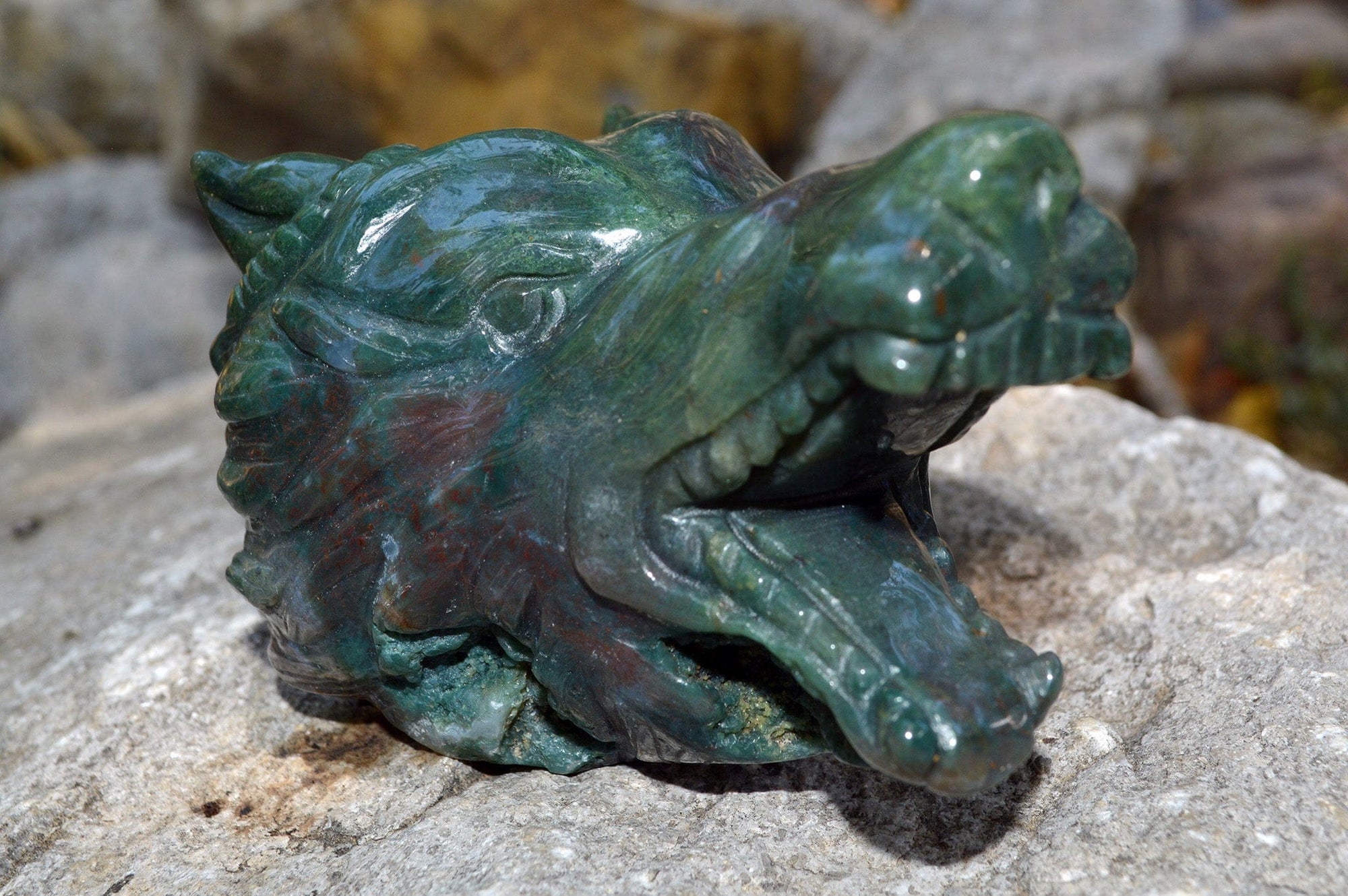 Crystal Wholesale Moss Agate Wolf Head IV | Hand Carved Crystal Carving - Medium