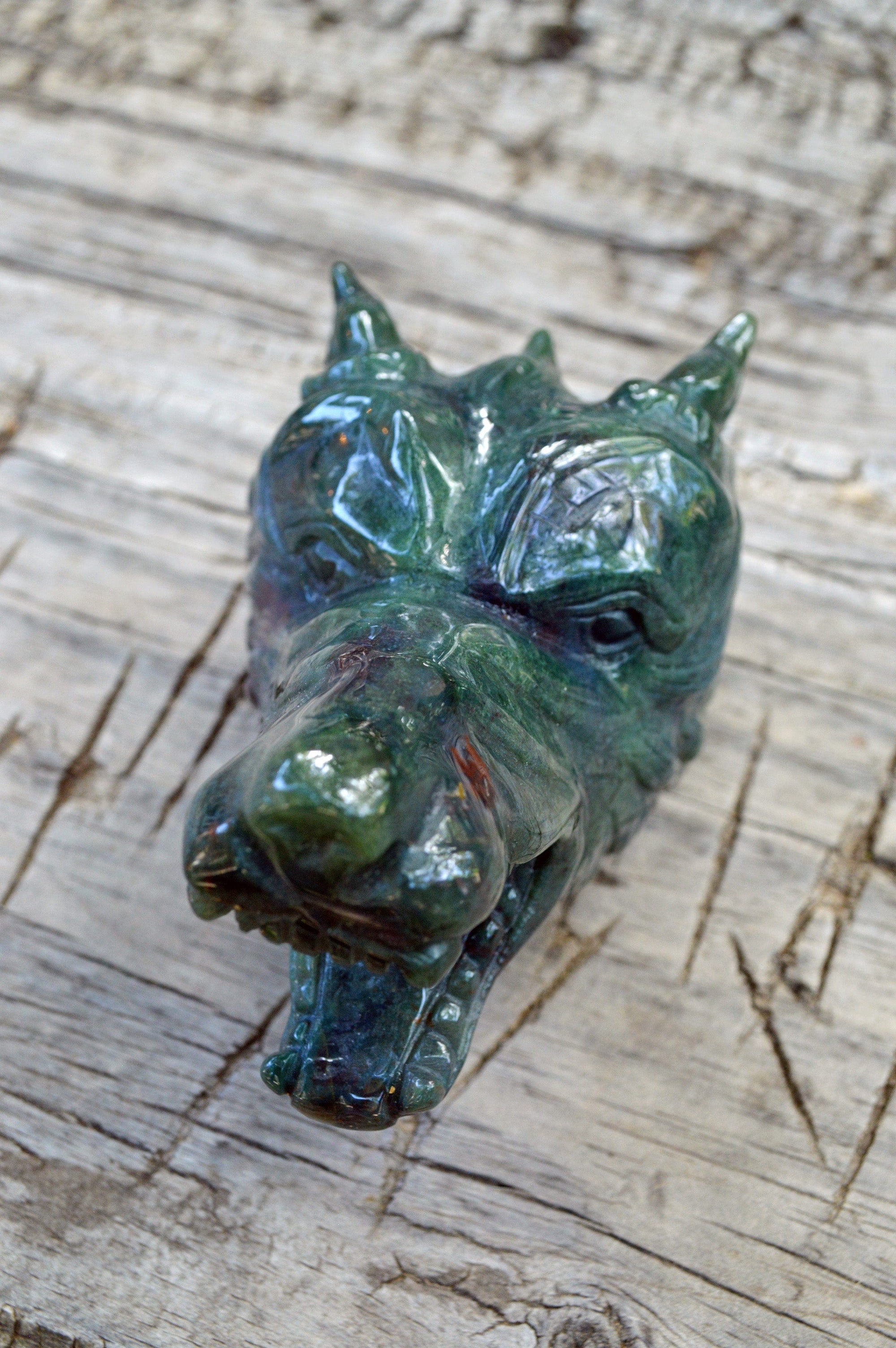 Crystal Wholesale Moss Agate Wolf Head IV | Hand Carved Crystal Carving - Medium