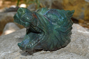 Crystal Wholesale Moss Agate Wolf Head IV | Hand Carved Crystal Carving - Medium