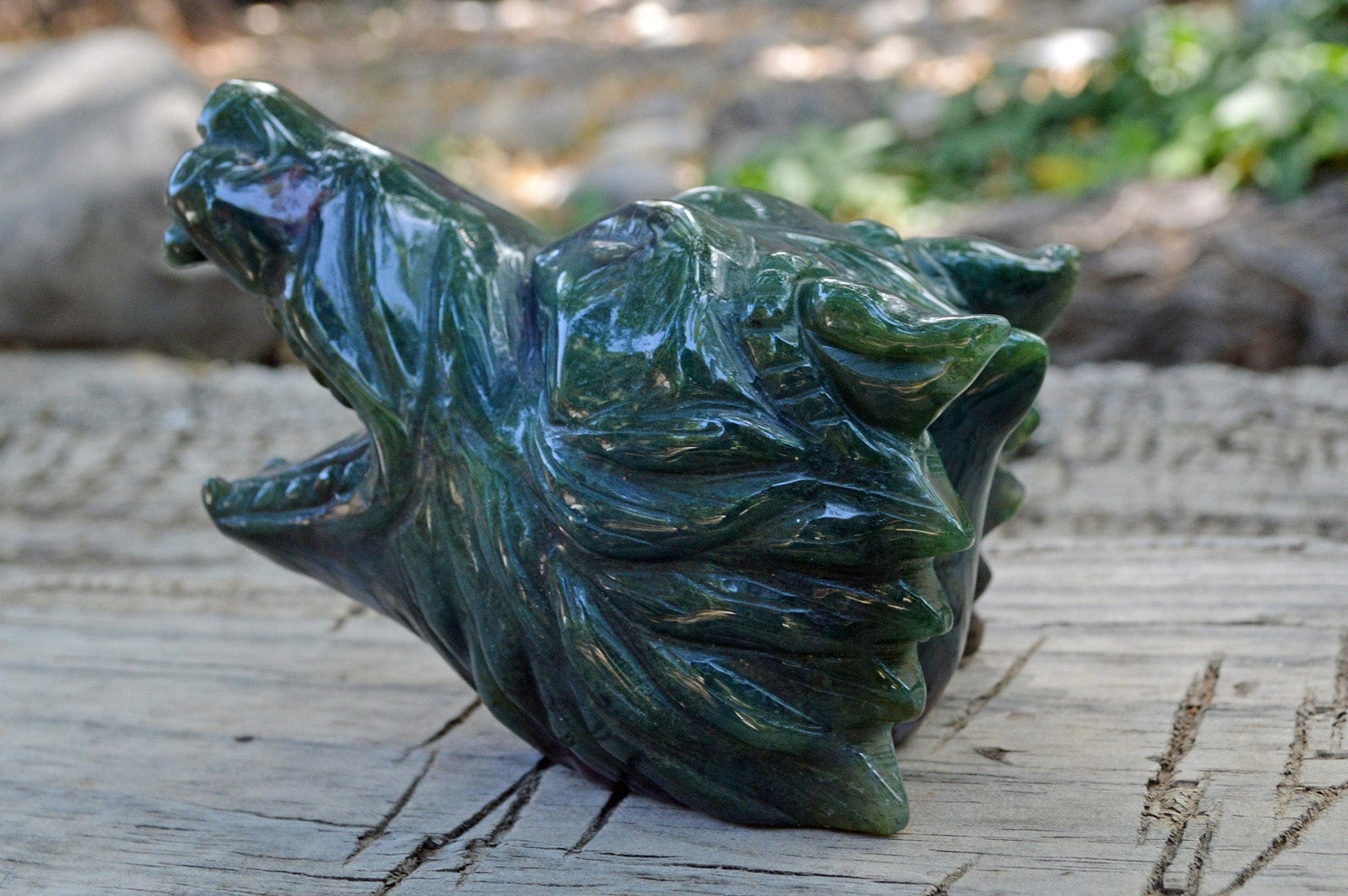 Crystal Wholesale Moss Agate Wolf Head IV | Hand Carved Crystal Carving - Medium