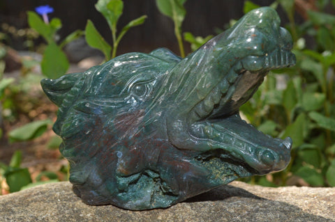 Moss Agate Wolf Head IV | Hand Carved Crystal Carving - Medium