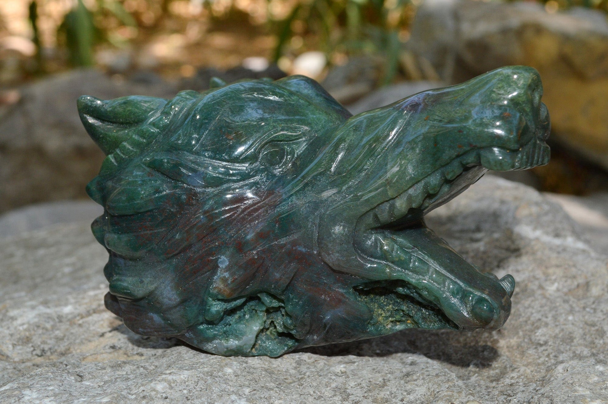 Crystal Wholesale Moss Agate Wolf Head IV | Hand Carved Crystal Carving - Medium