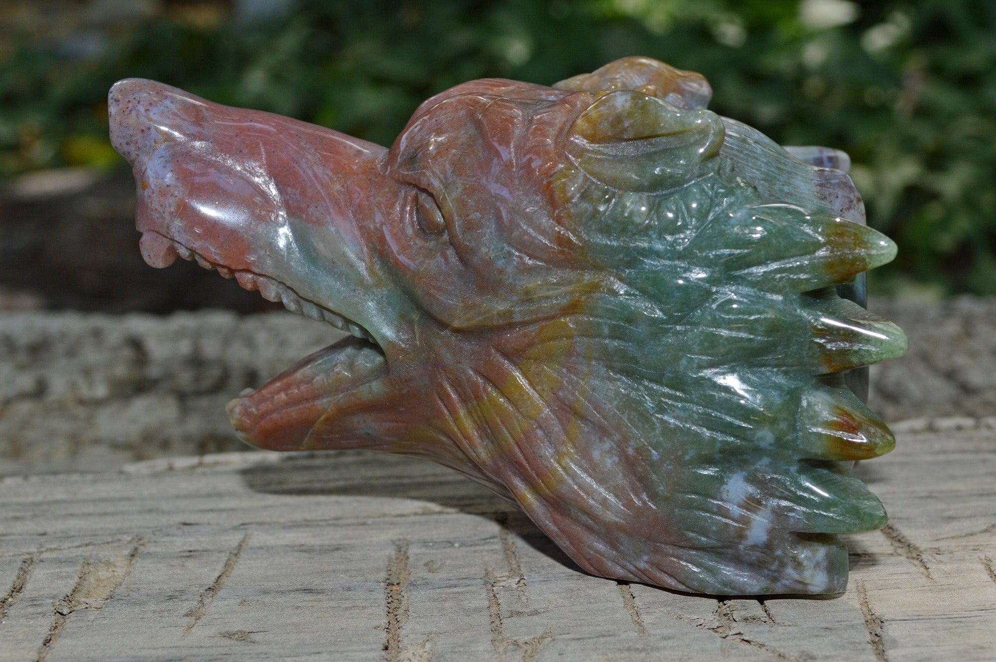 Crystal Wholesale Moss Agate Wolf Head V | Hand Carved Crystal Carving - Medium