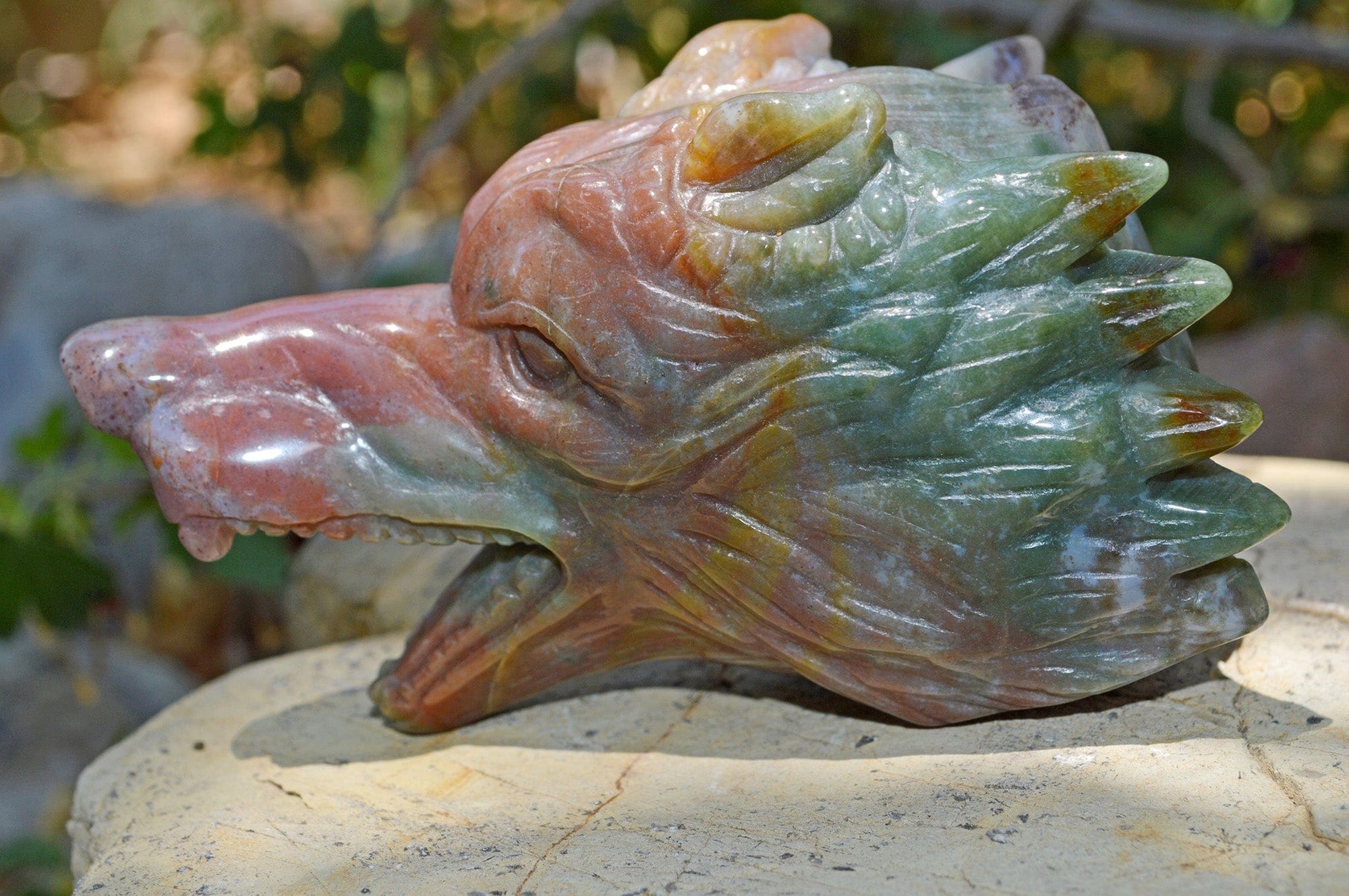 Crystal Wholesale Moss Agate Wolf Head V | Hand Carved Crystal Carving - Medium