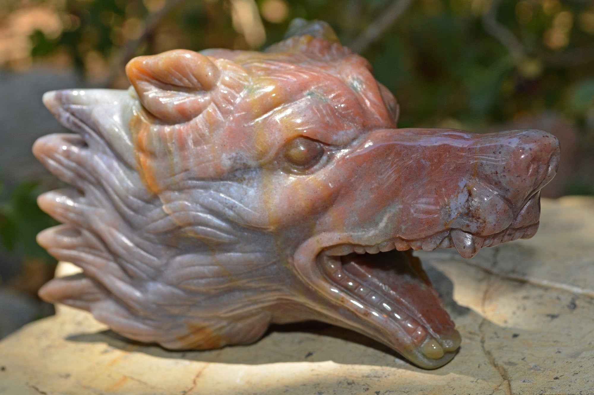 Crystal Wholesale Moss Agate Wolf Head V | Hand Carved Crystal Carving - Medium