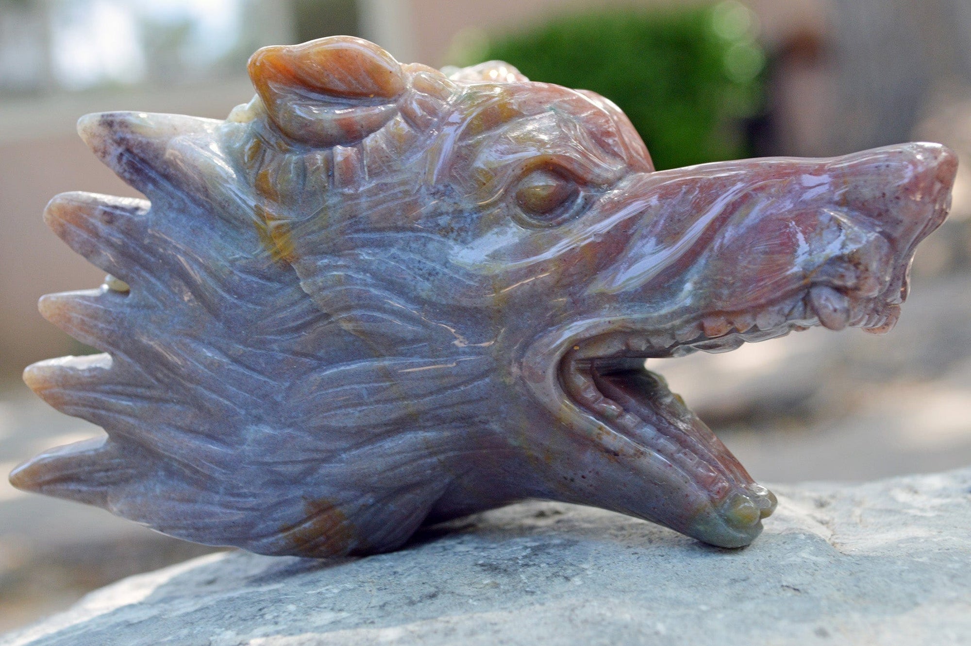 Crystal Wholesale Moss Agate Wolf Head V | Hand Carved Crystal Carving - Medium