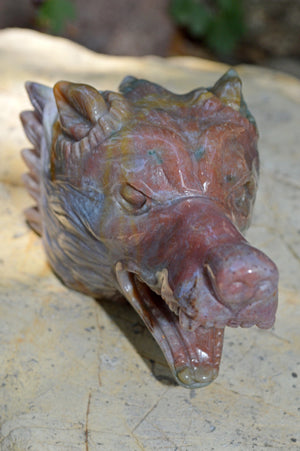 Crystal Wholesale Moss Agate Wolf Head V | Hand Carved Crystal Carving - Medium