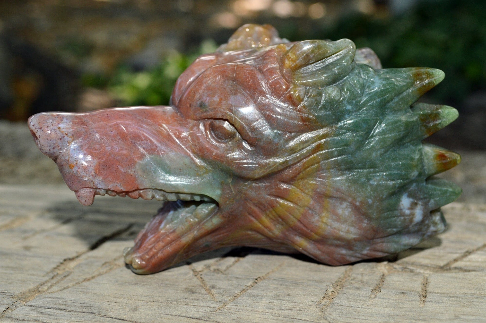 Crystal Wholesale Moss Agate Wolf Head V | Hand Carved Crystal Carving - Medium
