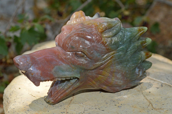 Crystal Wholesale Moss Agate Wolf Head V | Hand Carved Crystal Carving - Medium