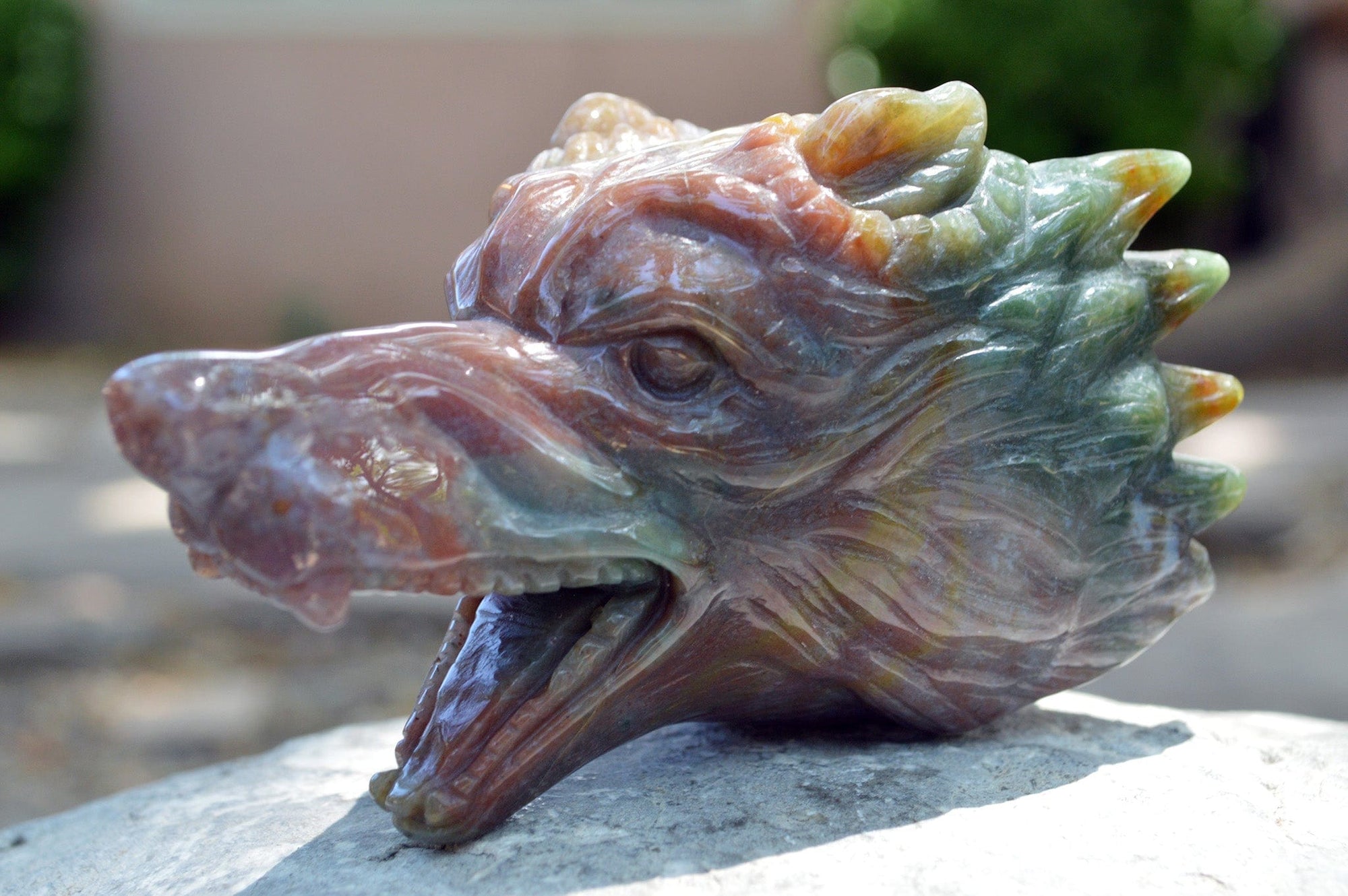 Crystal Wholesale Moss Agate Wolf Head V | Hand Carved Crystal Carving - Medium