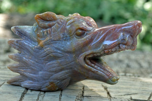 Crystal Wholesale Moss Agate Wolf Head V | Hand Carved Crystal Carving - Medium