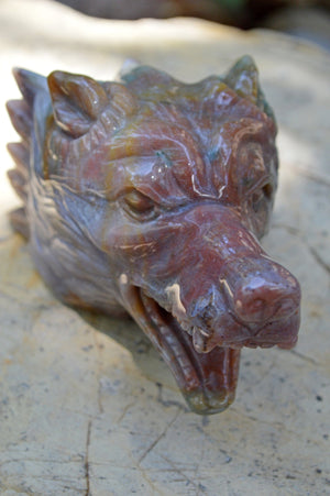 Crystal Wholesale Moss Agate Wolf Head V | Hand Carved Crystal Carving - Medium