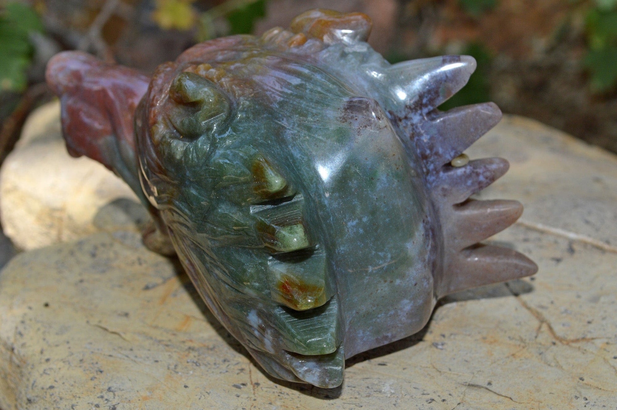 Crystal Wholesale Moss Agate Wolf Head V | Hand Carved Crystal Carving - Medium