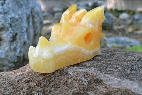 Orange Calcite (with White Inclusions) Crystal Dragon Skull Carving - Medium