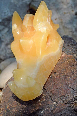 Orange Calcite (with White Inclusions) Crystal Dragon Skull Carving - Medium