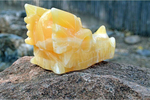 Orange Calcite (with White Inclusions) Crystal Dragon Skull Carving - Medium