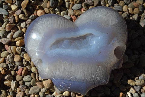 Purple and White Banded Agate Geode Carved Crystal Skull Heart - Large