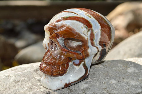 RARE Red and White Moss Agate Crystal Skull Carving - Medium