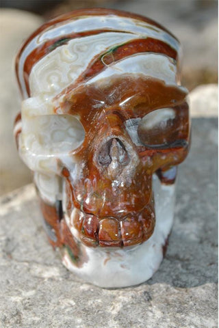RARE Red and White Moss Agate Crystal Skull Carving - Medium