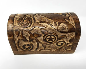 Home Decor Raven & Pentagram Carved Round Top Wood Box 8"L x 5" W x 4.5"H