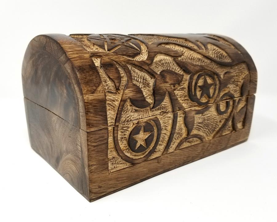 Home Decor Raven & Pentagram Carved Round Top Wood Box 8"L x 5" W x 4.5"H