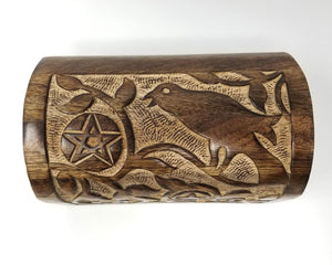 Home Decor Raven & Pentagram Carved Round Top Wood Box 8"L x 5" W x 4.5"H