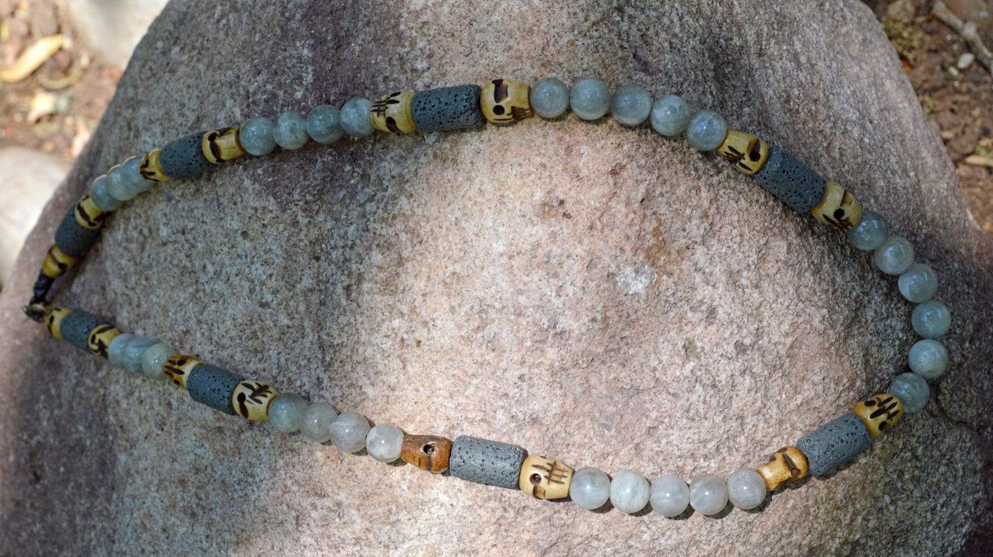 Necklaces Healing Necklace - Insight - Gray Madagascar Moonstone with Basalt and Buffalo Bone