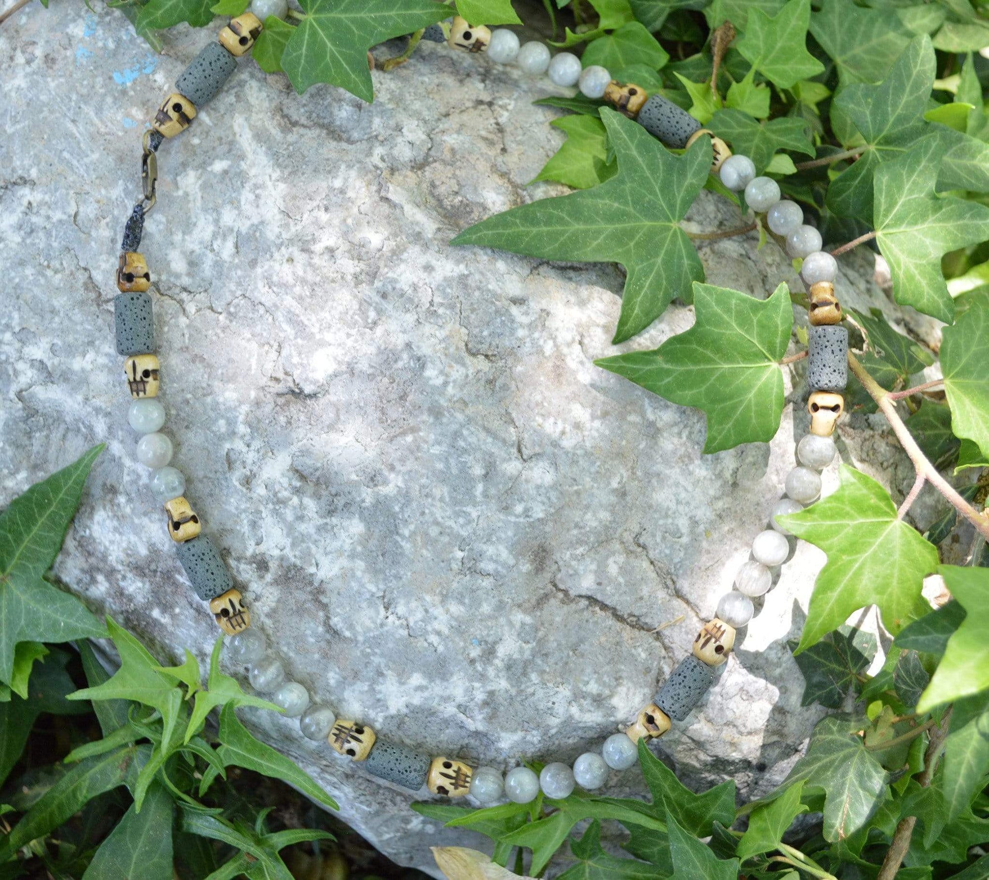 Necklaces Healing Necklace - Insight - Gray Madagascar Moonstone with Basalt and Buffalo Bone