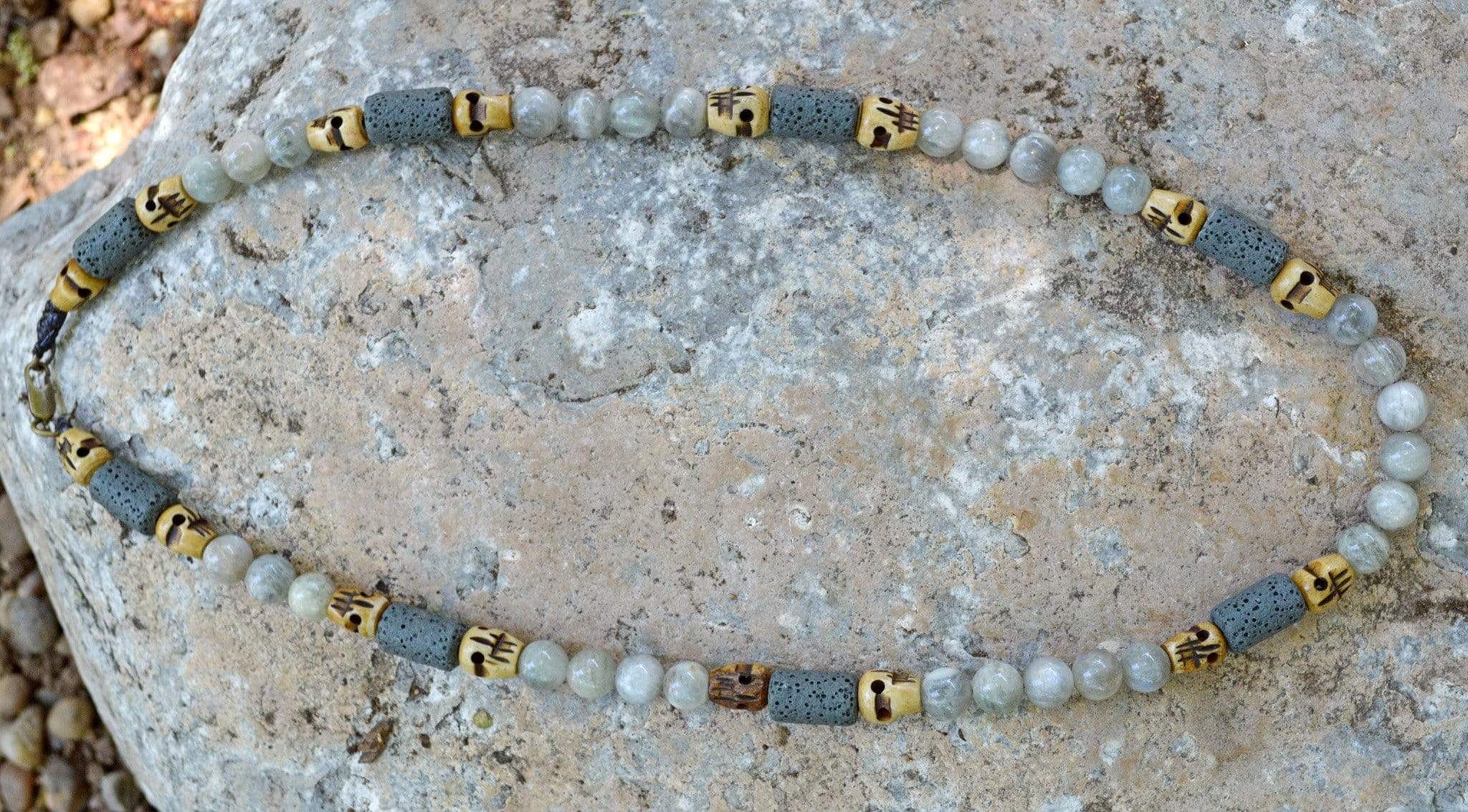 Necklaces Healing Necklace - Insight - Gray Madagascar Moonstone with Basalt and Buffalo Bone