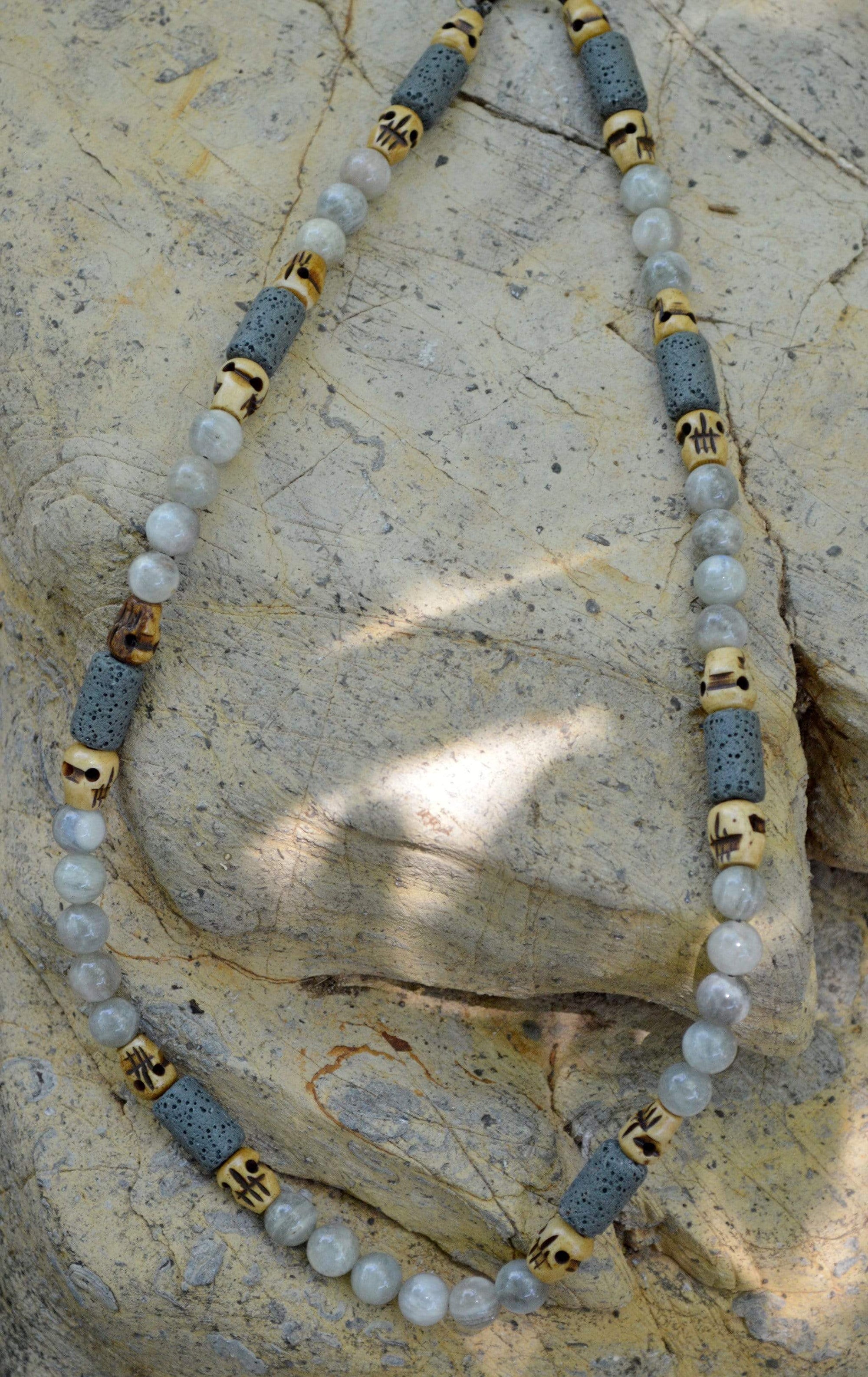 Necklaces Healing Necklace - Insight - Gray Madagascar Moonstone with Basalt and Buffalo Bone