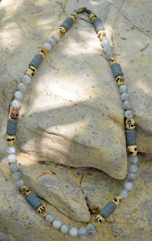 Healing Necklace - Insight - Gray Madagascar Moonstone with Basalt and Buffalo Bone