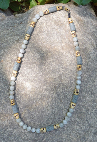 Healing Necklace - Insight - Gray Madagascar Moonstone with Basalt and Buffalo Bone