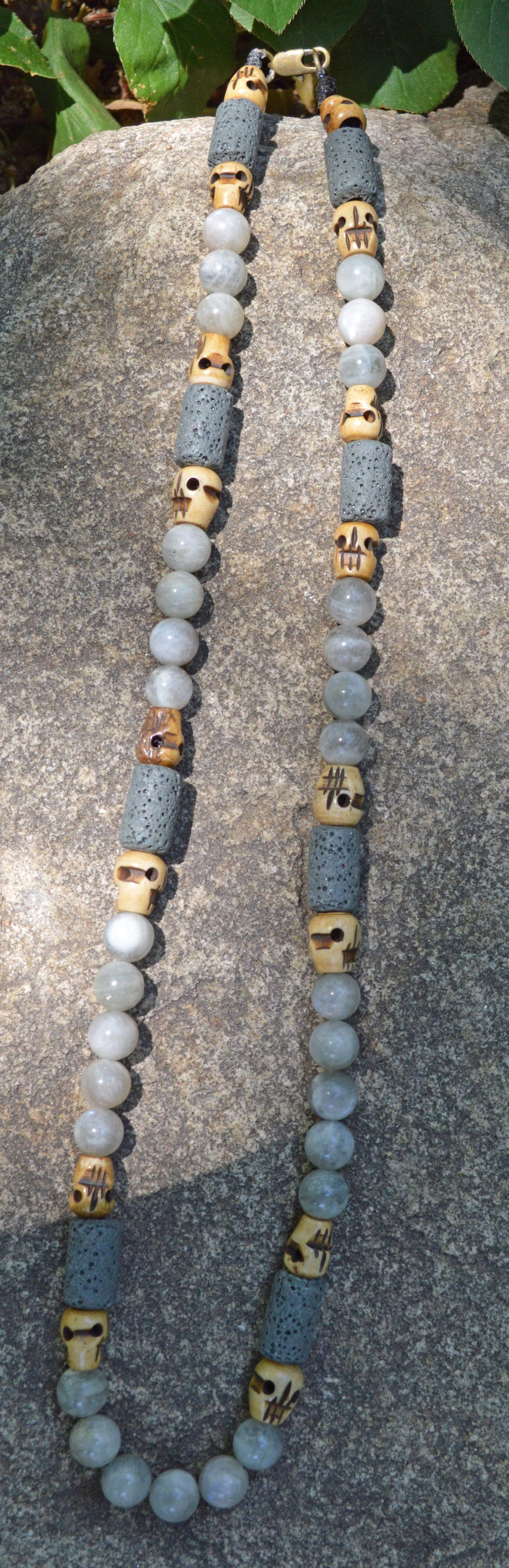 Necklaces Healing Necklace - Insight - Gray Madagascar Moonstone with Basalt and Buffalo Bone