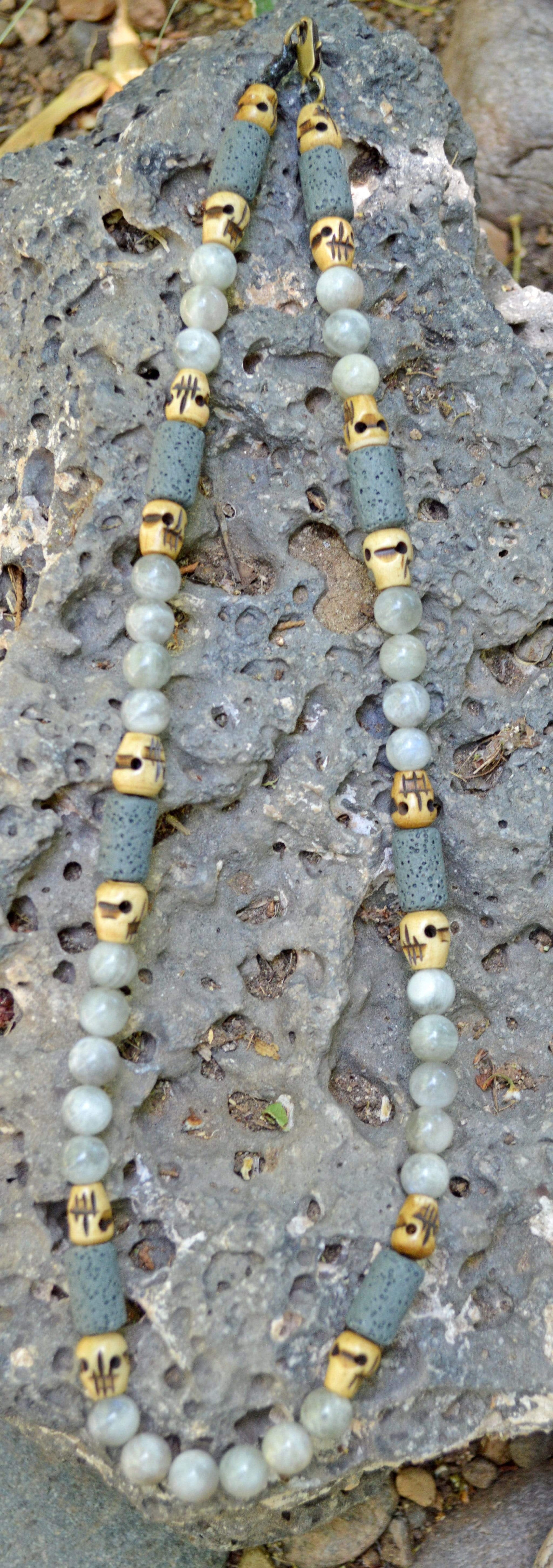 Necklaces Healing Necklace - Insight - Gray Madagascar Moonstone with Basalt and Buffalo Bone