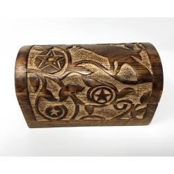 Tarot Accessories Raven & Pentagram Carved  Round Top Wood Box 8"L x 5" W x 4.5"H
