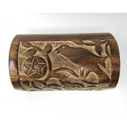 Tarot Accessories Raven & Pentagram Carved  Round Top Wood Box 8"L x 5" W x 4.5"H